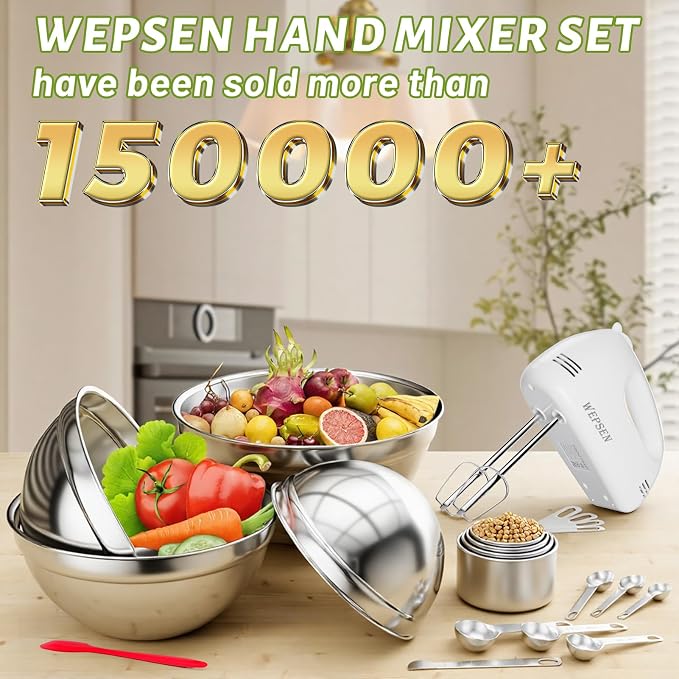 5-Speed Electric Hand Mixer, 4 Large Mixing Bowls Set, Handheld Mixers - Image 2