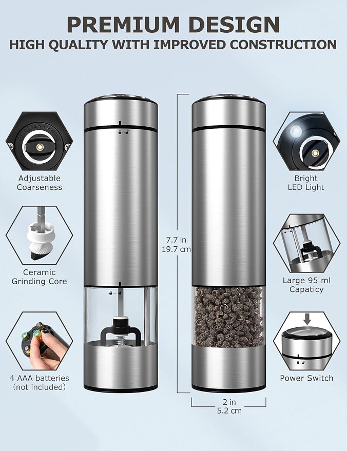 innhom Electric Salt and Pepper Grinder Set Battery Operated Stainless Steel - Image 2