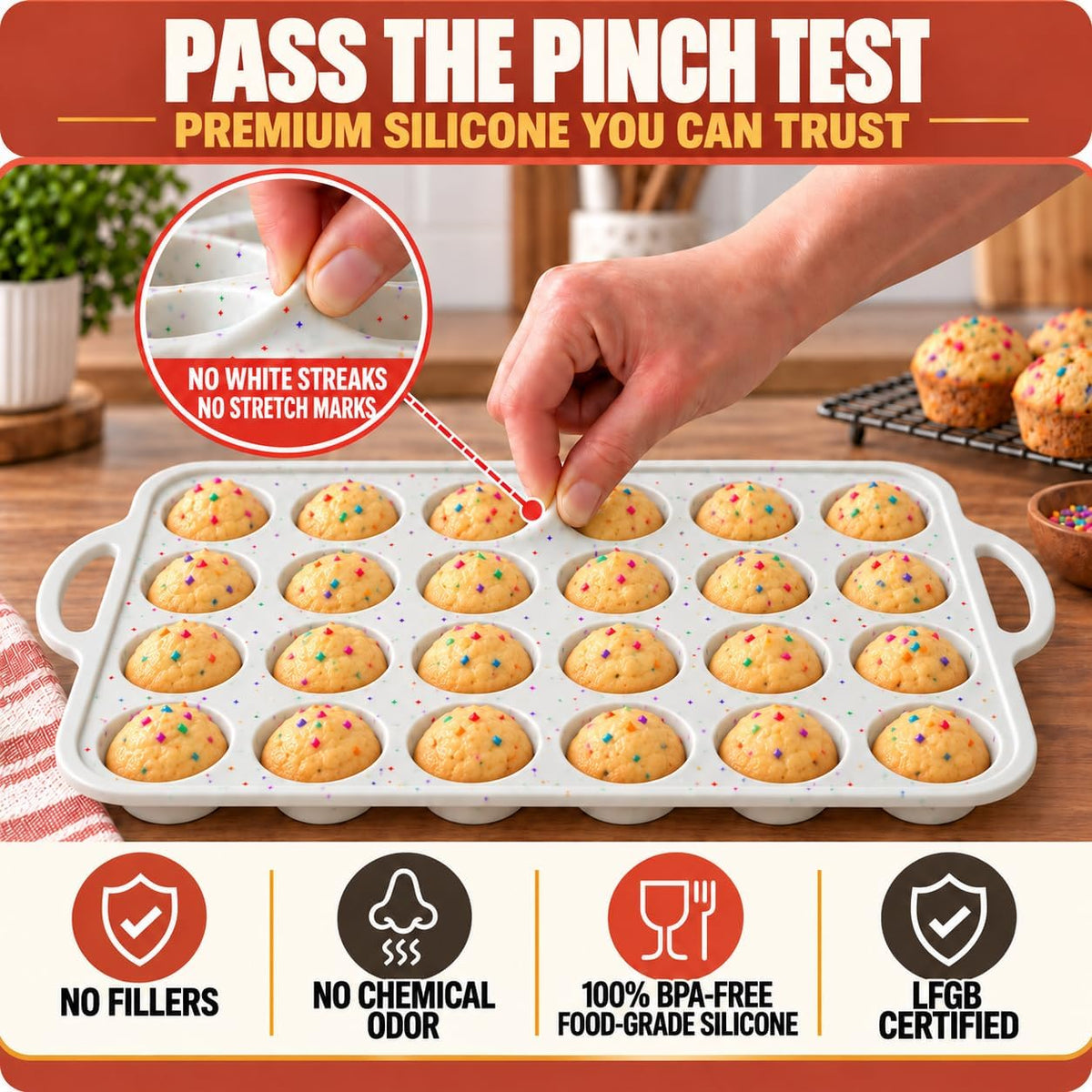 Silicone Mini Muffin Pan, 24 Cup 2 Pack with Metal Reinforced Frame