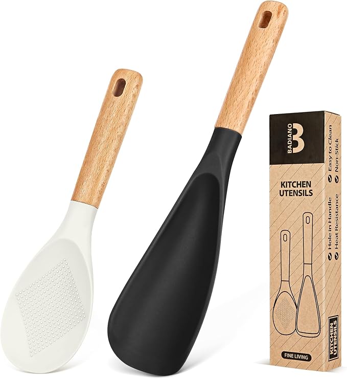 Cooking Spoon and Rice Scooper for Nonstick Cookwares, Wood Handle Spoon for by BADIANO