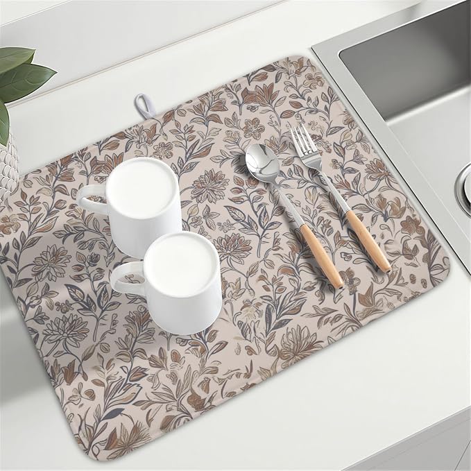 Vintage Floral Dish Drying Mat for Kitchen Counter Brown Antique Flower - Image 8