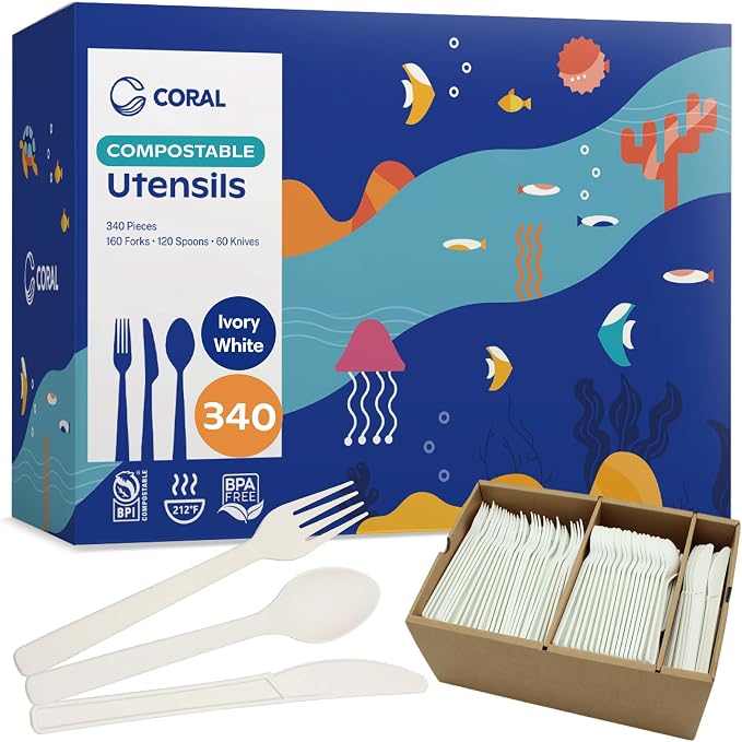 CORAL Ivory White 100% Compostable Silverware Set 340 Pieces by CORAL