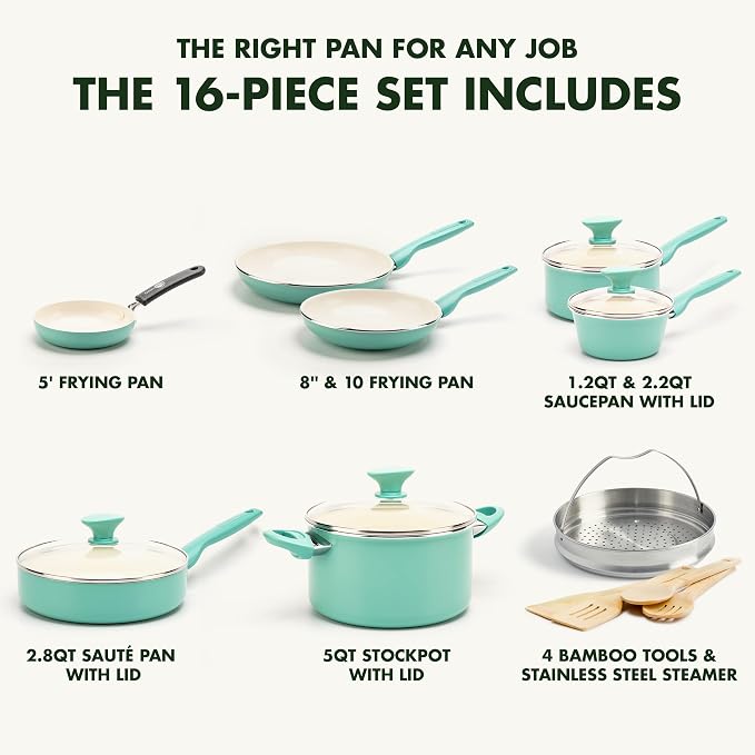 GreenPan Rio Healthy Ceramic Nonstick 16 Piece Cookware Pots and Pans Set - Image 3