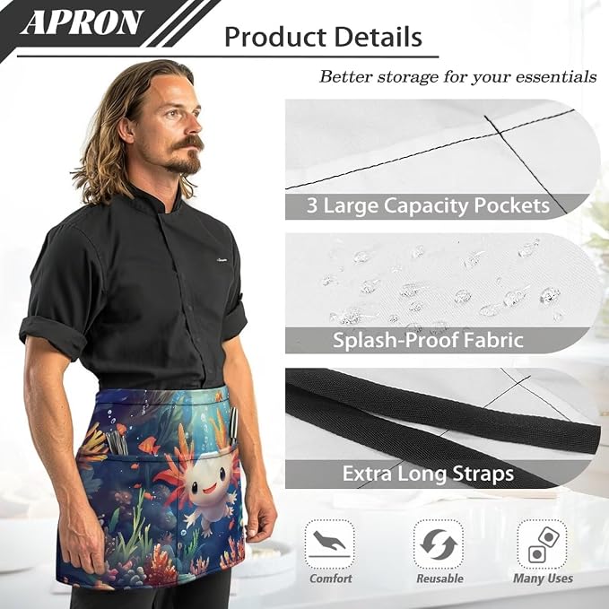 Server Apron with 3 Pockets, Waterproof Oil Waitress Waiter Half Apron - Image 6