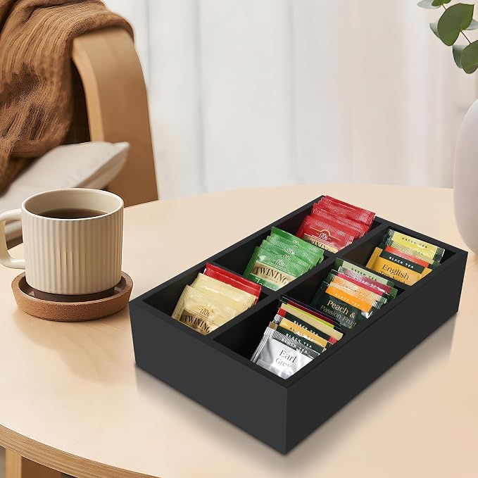 Tea Bag Box Wood Black 6 Compartments Tea Bag Organizer Drawer Storage - Image 2