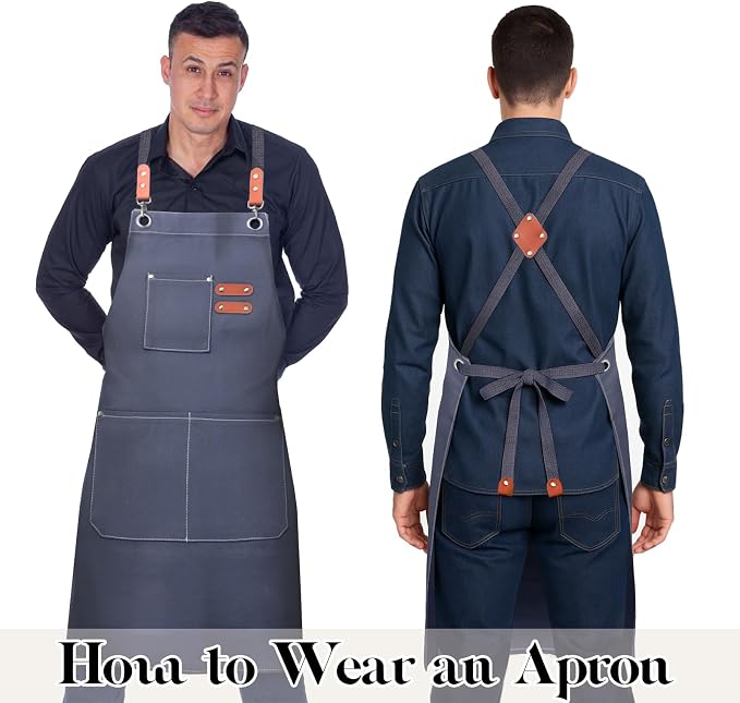 Plus Size Kitchen Apron for Men Women, Cross Back Cotton Canvas Chef Apron - Image 4