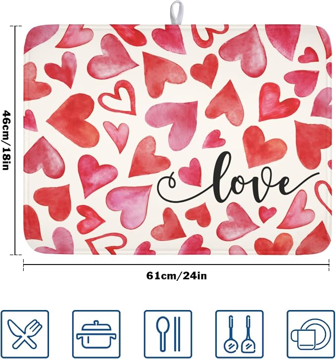 Valentine's Day Dish Drying Mat 18 x 24 Inch Heart Shaped Dish Drying Pad - Image 2