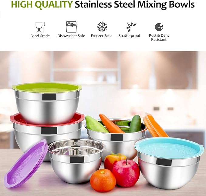 E-far Mixing Bowls with Lids Set of 5, Stainless Steel Mixing Bowls Metal - Image 2