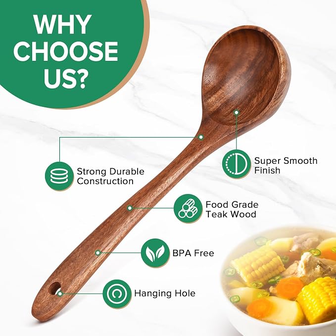Wooden Spoons for Cooking, Teak Wood Soup Ladle&Slotted Pasta Fork Strainer - Image 3