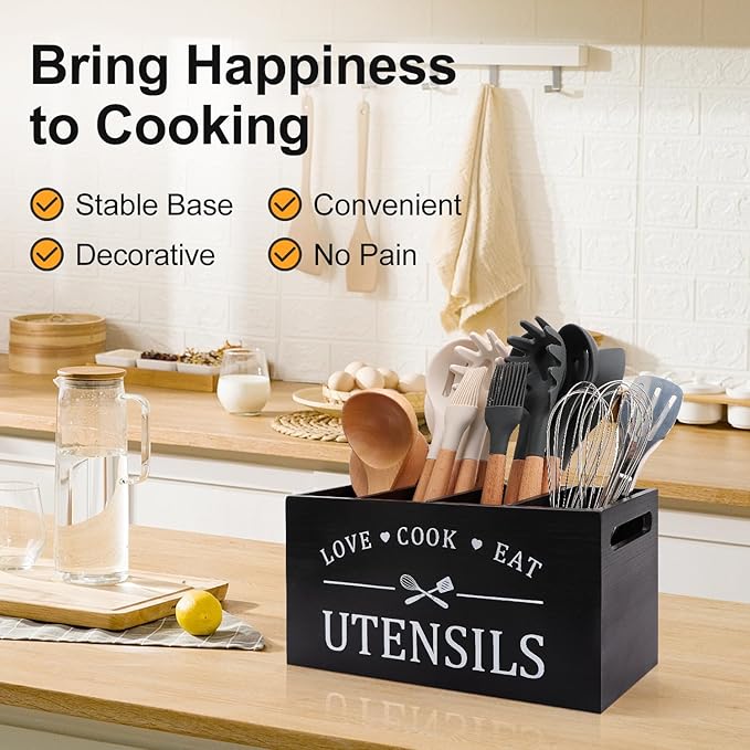 Black Farmhouse Utensil Holder for Kitchen Counter Extra Large Cooking Utensil - Image 4