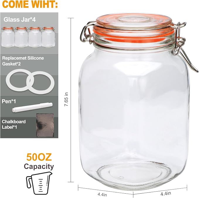 50oz Glass Jars with Clamp Lids, 1500ml Square Wide Mouth Mason Jars with - Image 2