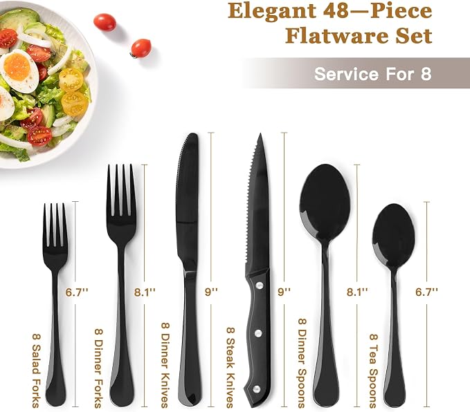 Astercook Silverware Set 48-Piece Black Flatware Set - Image 6