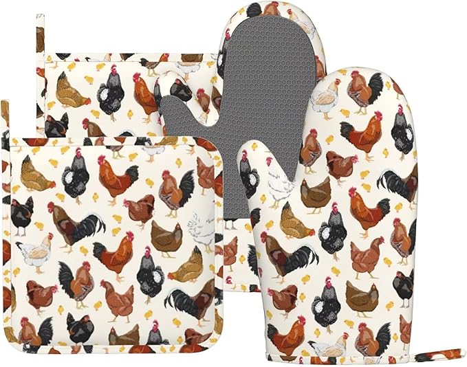 Rooster Hen Oven Mitts and Pot Holders Sets Silicone Rustic Domestic Animal by MIFSOIAVV