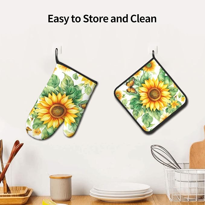 Sunflower Oven Mitts and Pot Holders Sets Watercolor Yellow Floral Plant - Image 6