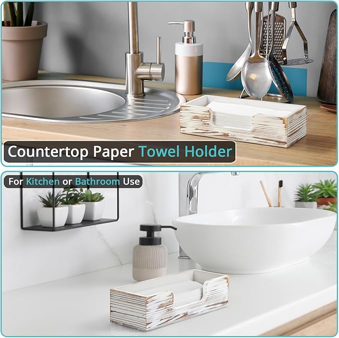Paper Towel Dispenser Countertop, Retro White Wood Bathroom Paper Towel Holder - Image 3
