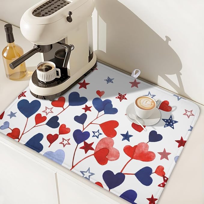 4th of July Dish Drying Mat for Kitchen Counter Patriotic Red Blue Star Love - Image 7