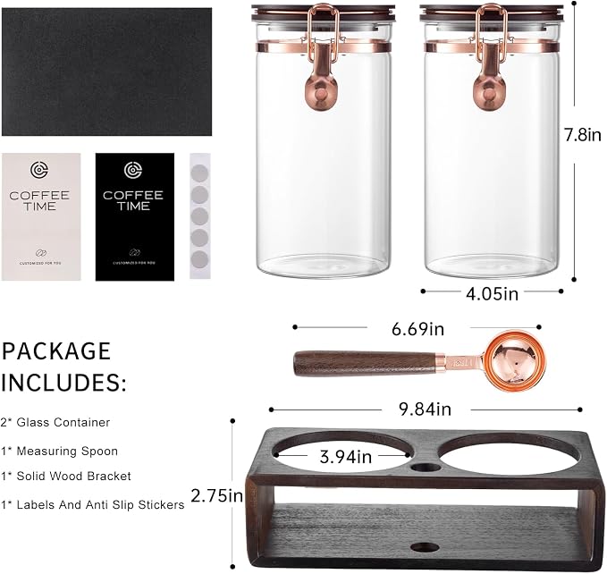 Glass Coffee Canister Set with Wooden Shelf, 2 Pack 45oz Airtight Food Storage - Image 3