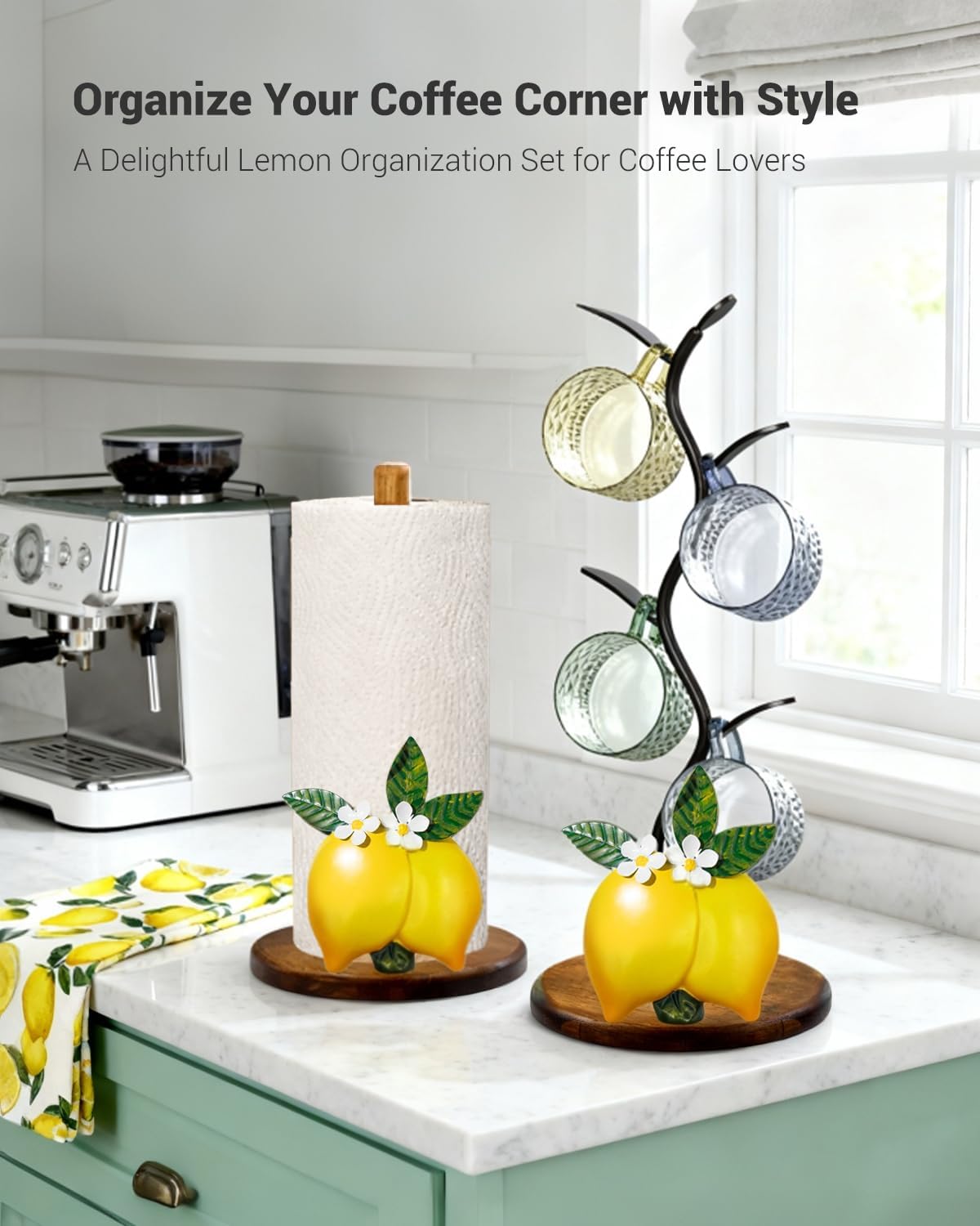 GAJ Lemon Mug Tree Coffee Cup Holder, Countertop Stand Holds 4 Cups