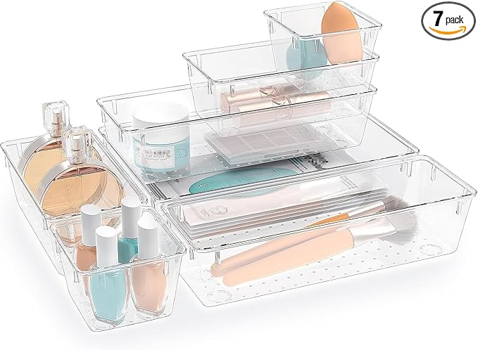 StorMiracle 7 PCS Clear Plastic Drawer Organizers Set, 4 Size Desk Drawer by StorMiracle