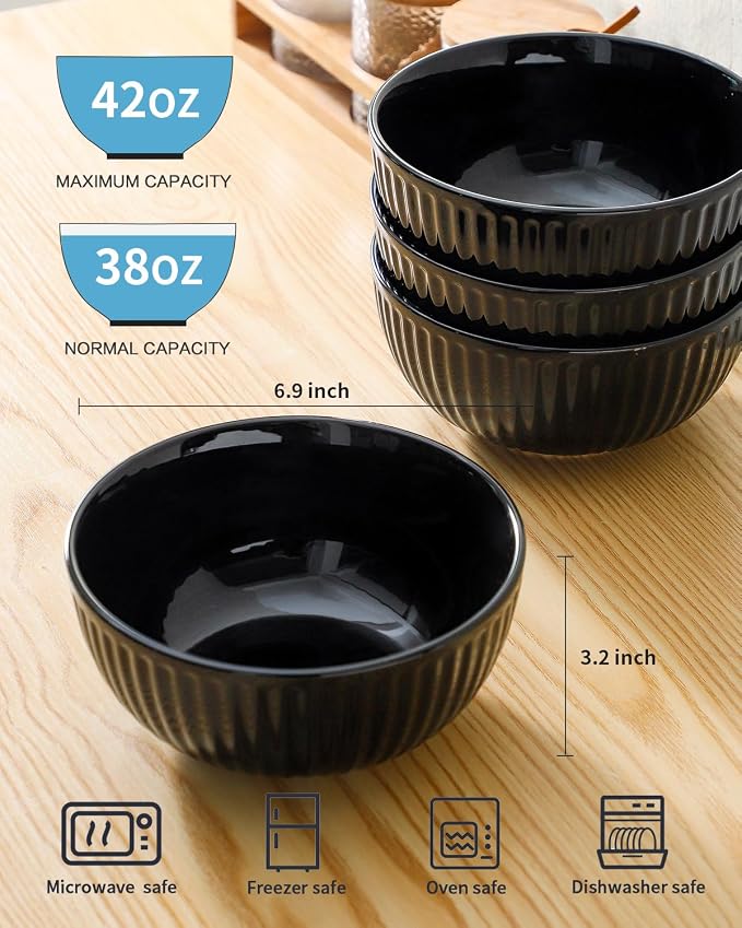 HASENSE 7 Inch Large Serving Bowls Set of 4, 42 Oz Black Ceramic Salad Bowl - Image 2