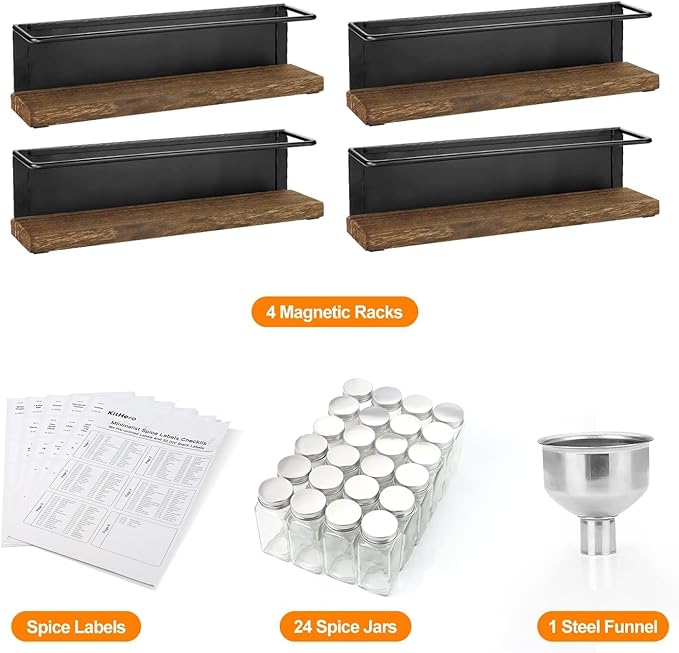 Magnetic Spice Rack with 24 Jars, 216 Labels, 1 Steel Funnel - Image 2