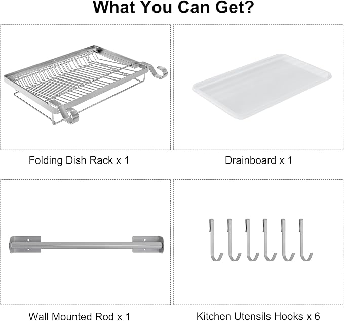 TQVAI Over Sink Dish Drainer Drying Rack, Stainless Steel Foldable Wall Mounted - Image 9