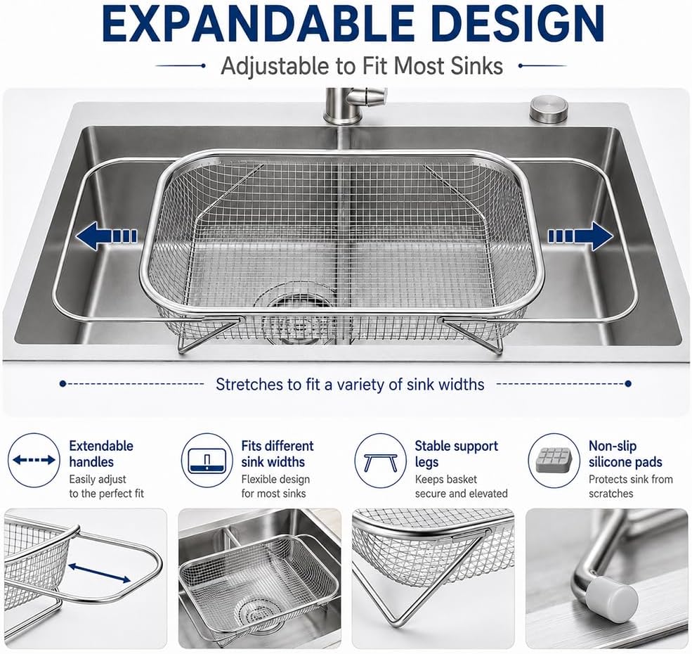 Stainless Steel Telescopic Drainer Basket Adjustable with Handles,M