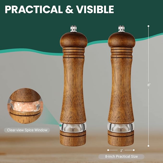 2-Piece Salt and Pepper Grinder Set, 8 Inch Wooden Salt and Pepper Mills - Image 5