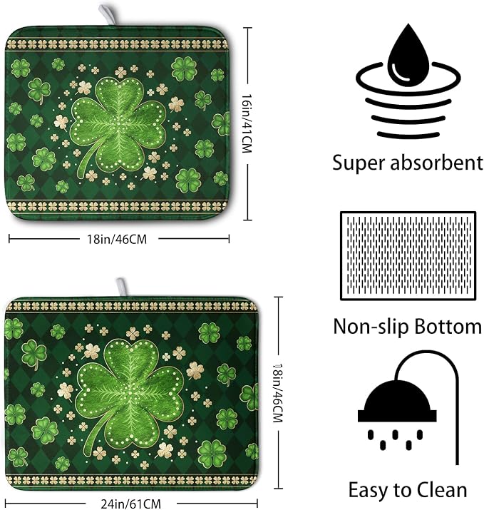 St Patricks Day Drying Mat for Kitchen Counter Shamrock Dish Drying Mats Lucky - Image 2