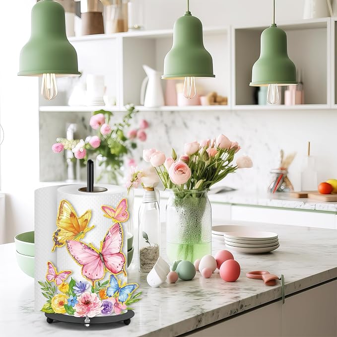 Whaline Spring Summer Paper Towel Holder Colorful Butterfly Floral Large Metal - Image 6