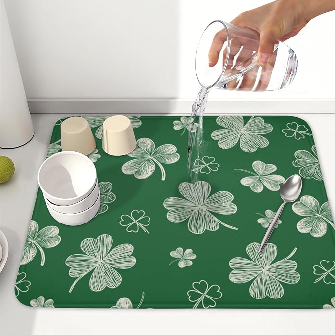 St Patrick's Day Dish Drying Mat 16 x 18 Inch Green Shamrock Dish Drainer Rack - Image 6