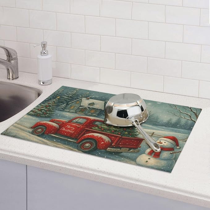 Christmas Red Truck Xmas Tree Snowman Dish Drying Mats - Image 7