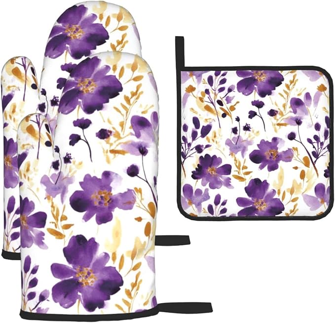 Spring Purple and Gold Floral Oven Mitts and Pot Holders Sets of 3, Non-Slip by Unknown