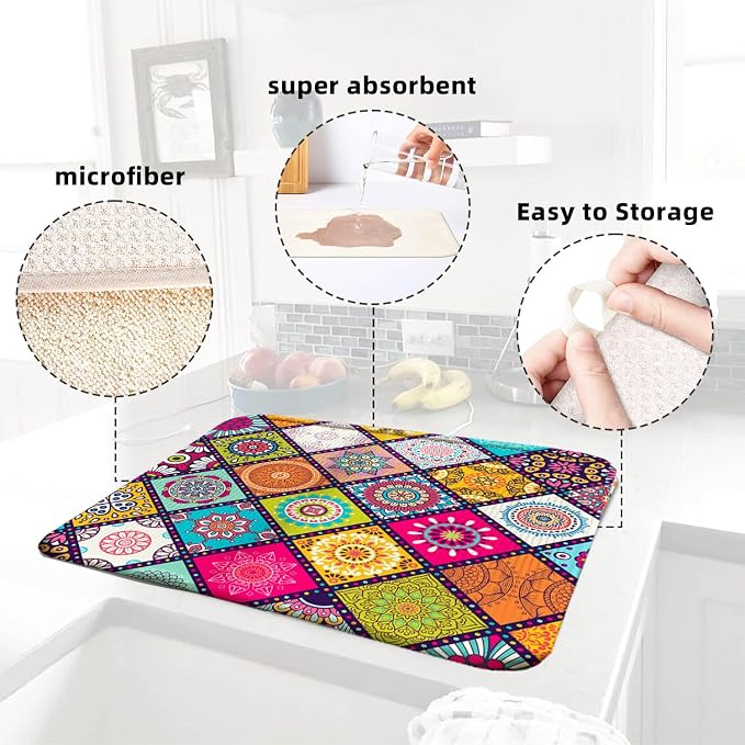 Boho Drying Mat 16" X 18" Abstract Plaid Kitchen Counter Stone Large Dish - Image 4