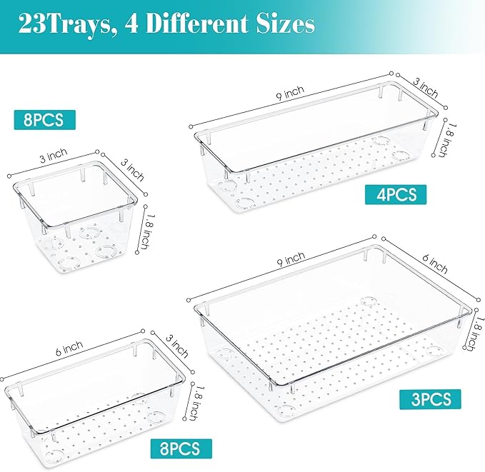 StorMiracle 23 PCS Clear Plastic Drawer Organizers Set, 4 Size Desk Drawer - Image 2