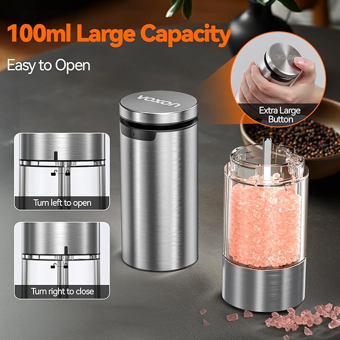 VOXON Update Electric Salt and Pepper Grinder Set Rechargeable Stainless Steel - Image 3