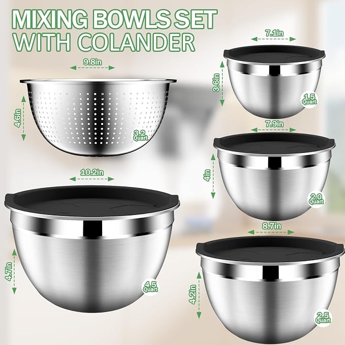 DUTZUN Mixing Bowls with Lids Set, Stainless Steel Mixing Bowls with Colander - Image 2