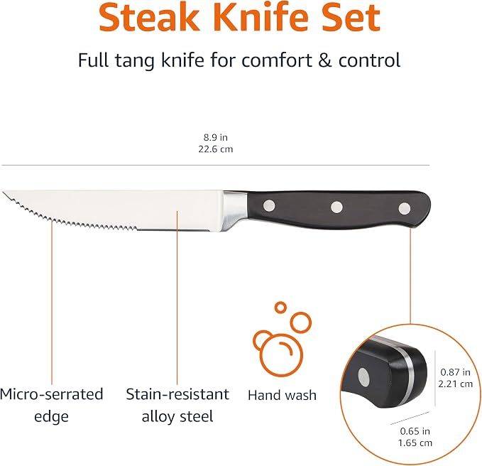 Amazon Basics 8-Piece Full Tang Stainless Steel Serrated Steak Knife Set - Image 6