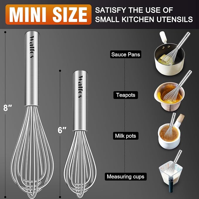 Walfos Mini Whisk, 6+8 in Small Whisk, 304 Stainless steel Whisks Heat - Image 2