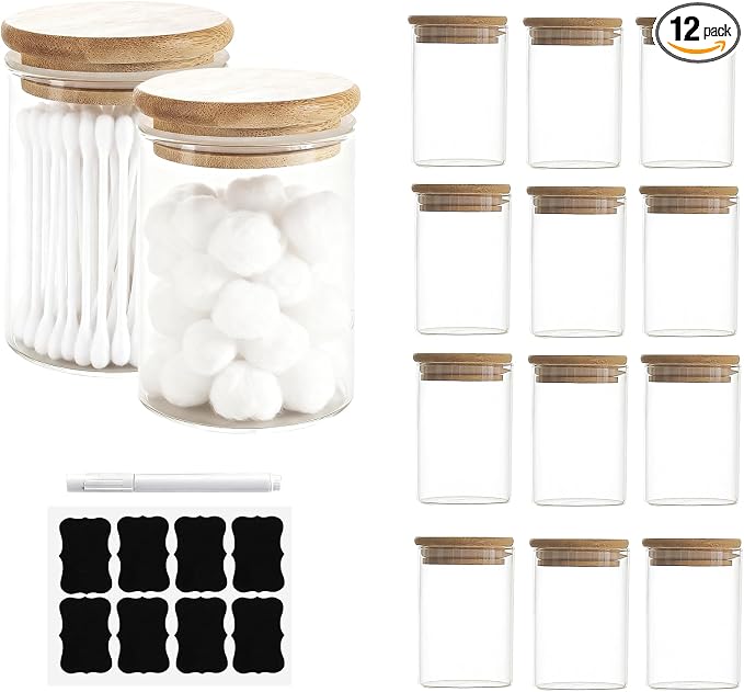 12 Packs Bamboo Qtip Holders, 10 oz Glass Round Storage Containers by Unknown