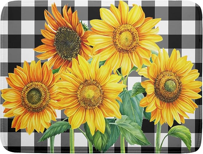 Sunflower Dish Drying Mat for Kitchen Counter Watercolor Black White Plaid by Unknown