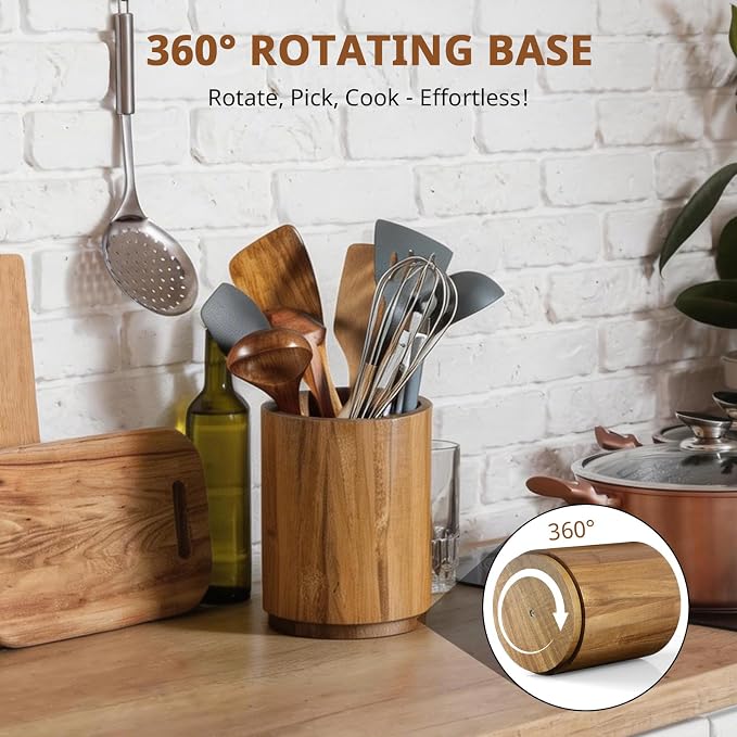 Bivvclaz Acacia Wood Utensil Holder, 360°Rotating 7.2" Utensil Holder - Image 3