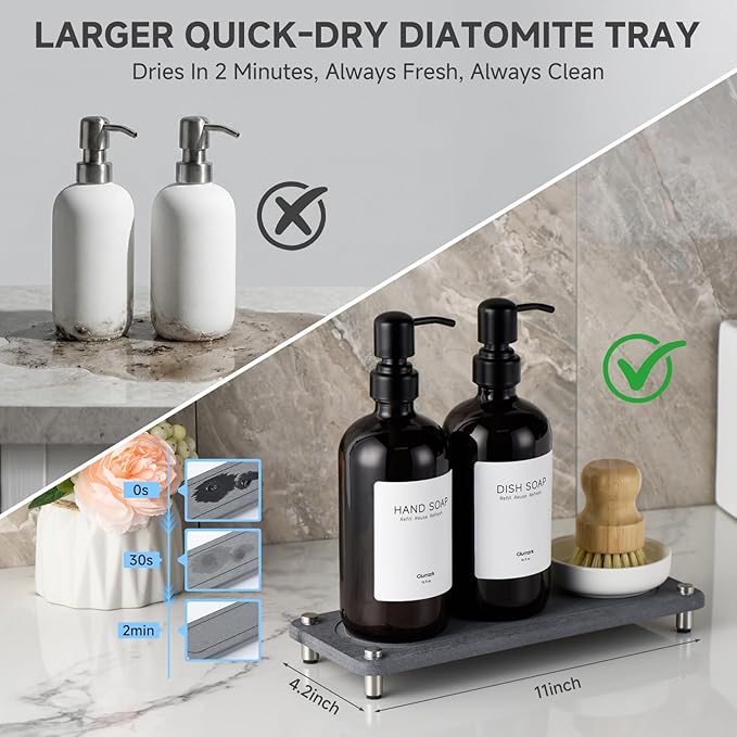 2 Pack Kitchen Soap Dispenser Set - 16oz Black Glass Dish and Hand Soap - Image 2