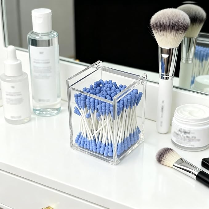 Clear Acrylic Qtip Holder with Lid, Cotton Balls Swab Organizer, 2.95" x 2.56" - Image 3
