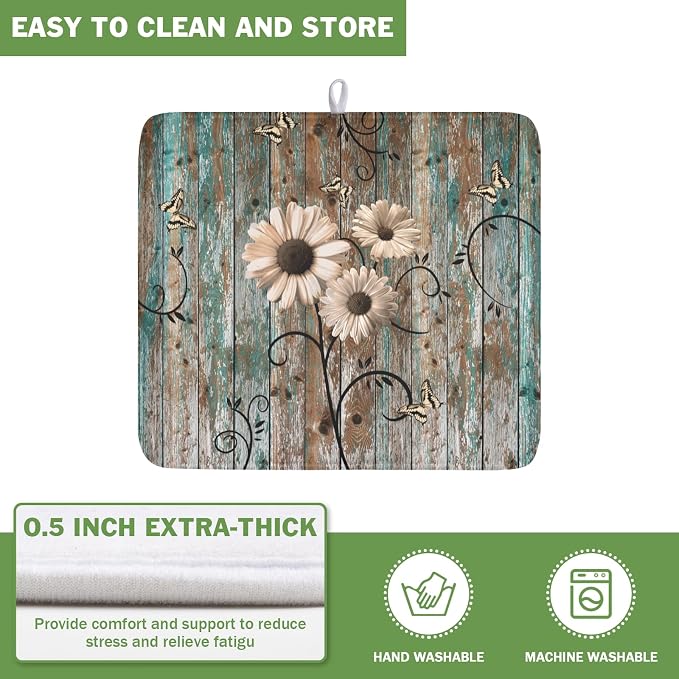Dish Drying Mat for Kitchen Counter 16 x 18 Inch Rustic Vintage Daisy Floral - Image 5