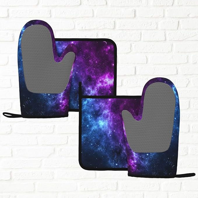Cool Blue Purple Galaxy Oven Mitts and Pot Holders Sets of 4, Heat Resistant - Image 6