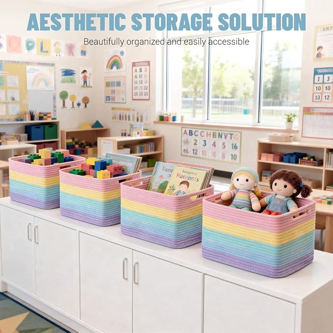 5 Pack Rainbow Woven Storage Baskets - Image 4