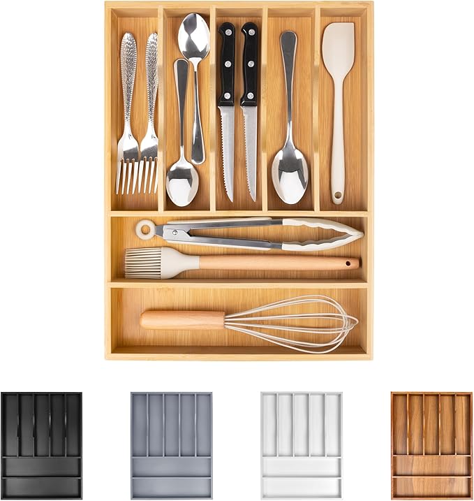 Bellsal Bamboo Silverware Drawer Organizer, Kitchen Utensil Drawer Organizers by Bellsal
