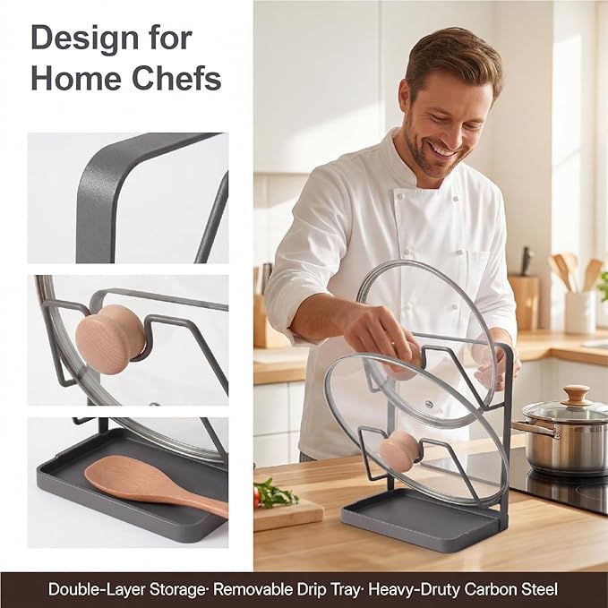 Space-Saving Carbon Steel Pot Lid Holder While Cooking, Double-Layer Kitchen - Image 3