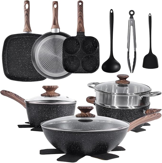 NEWBULIG 17-Piece Nonstick Cookware Set, Non-Toxic Pots and Pans by NEWBULIG